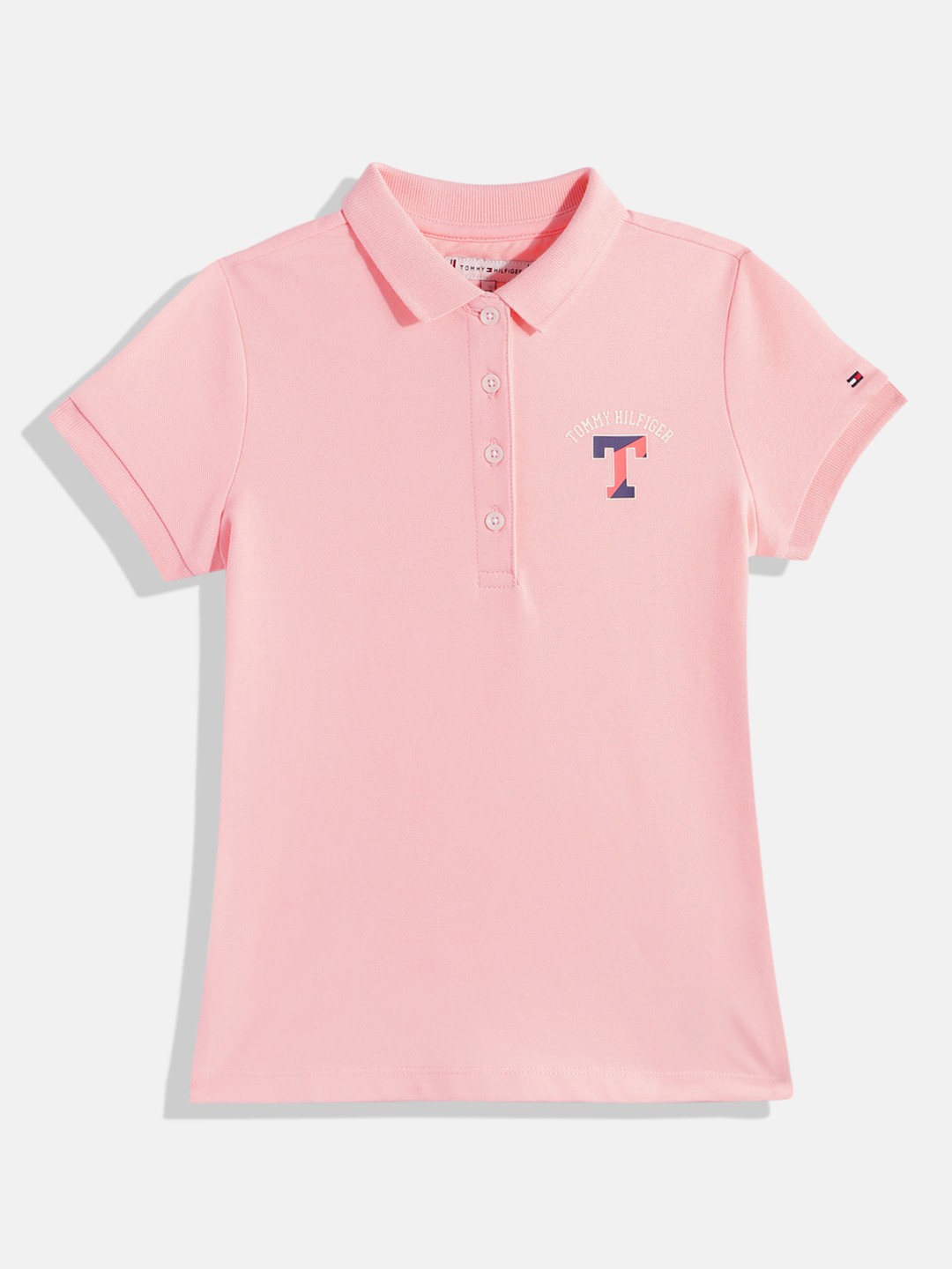

Tommy Hilfiger Girls Solid Polo Collar Knitted T-shirt With Minimal Brand Logo Print, Peach