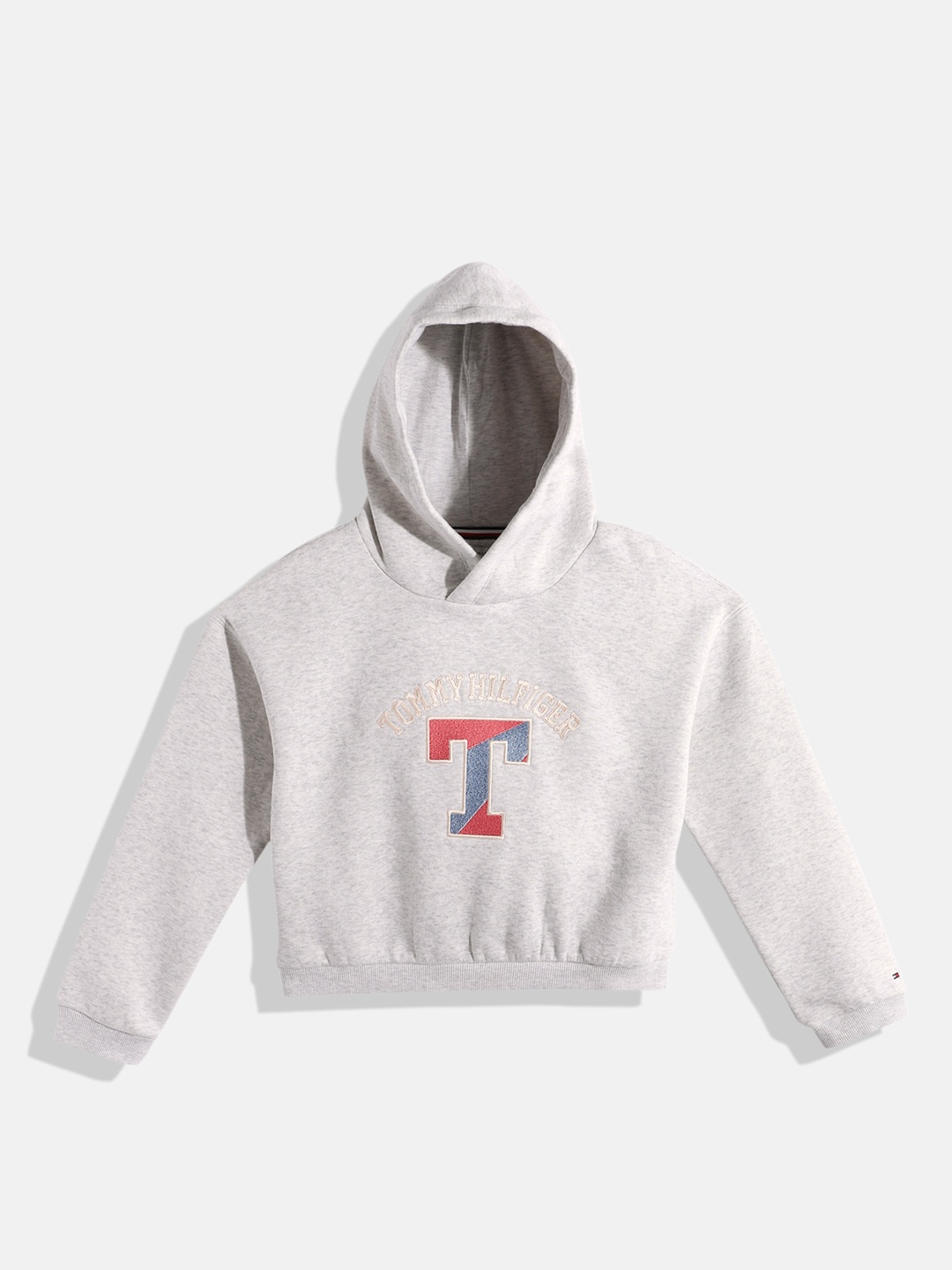 

Tommy Hilfiger Girls Brand Logo Printed Hooded Sweatshirt, Grey melange