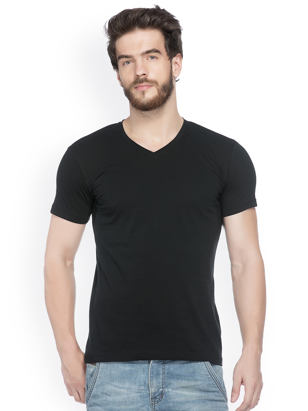 

GESPO Men Black Solid V-Neck T-shirt