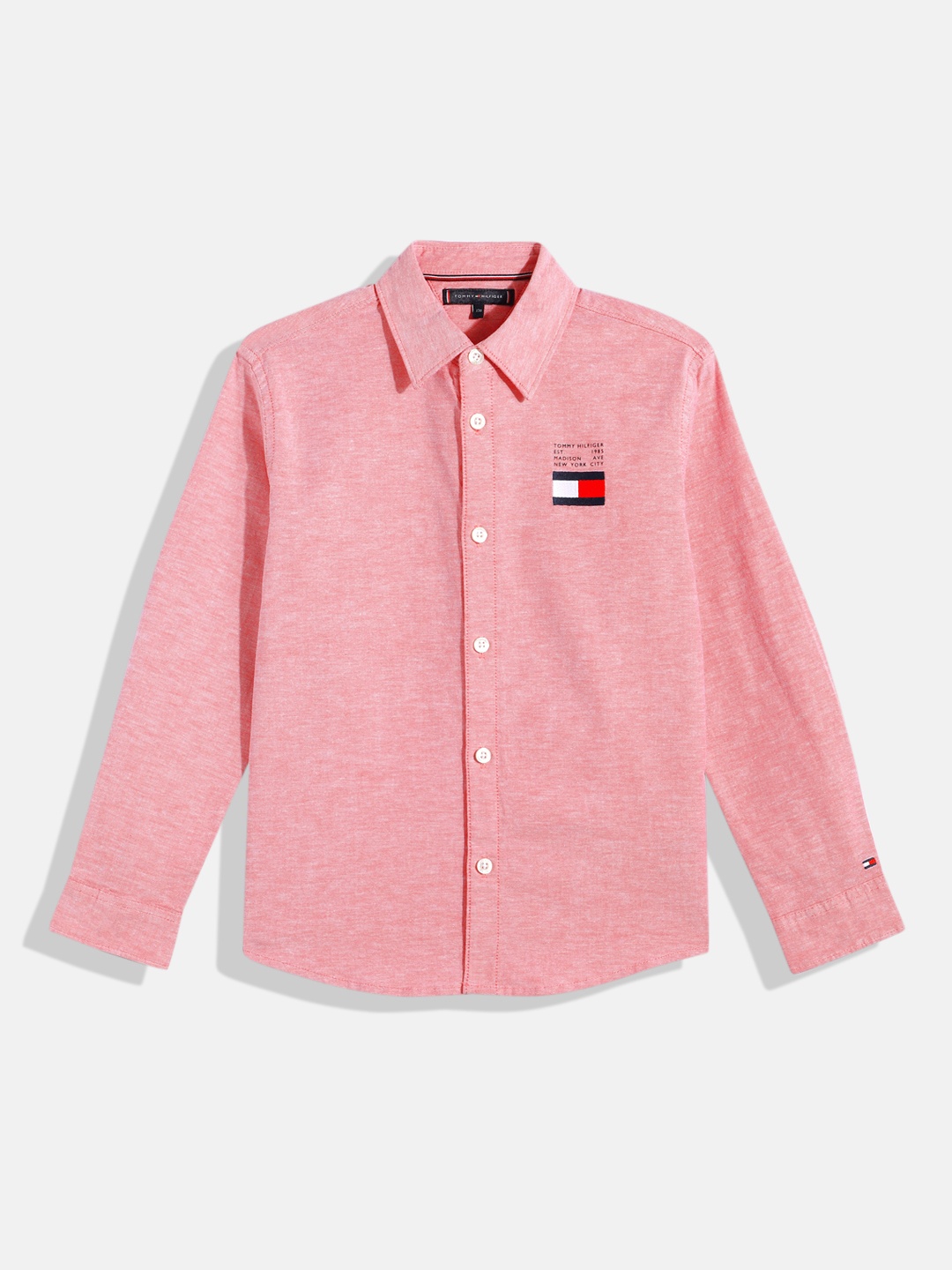 

Tommy Hilfiger Boys Brand Logo Printed Oxford Weave Stretchable Shirt, Pink