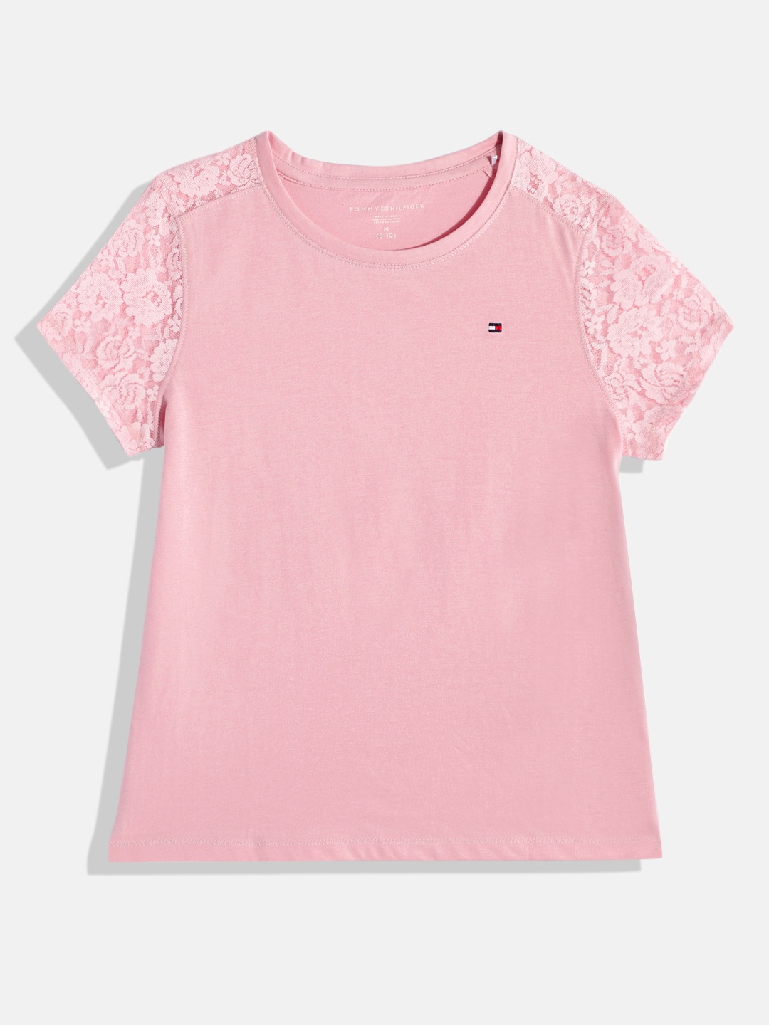 

Tommy Hilfiger Girls Floral Lace Inserts Self Design Knitted Regular Top, Pink