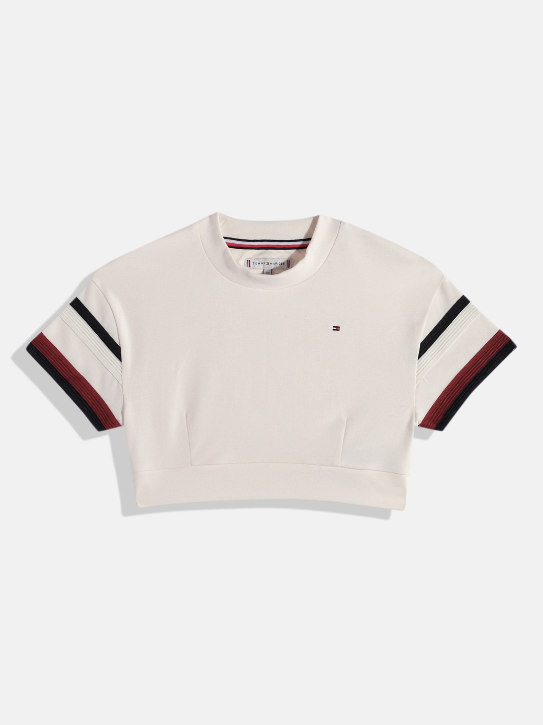 

Tommy Hilfiger Girls Striped Pure Cotton Cropped T-shirt, Off white