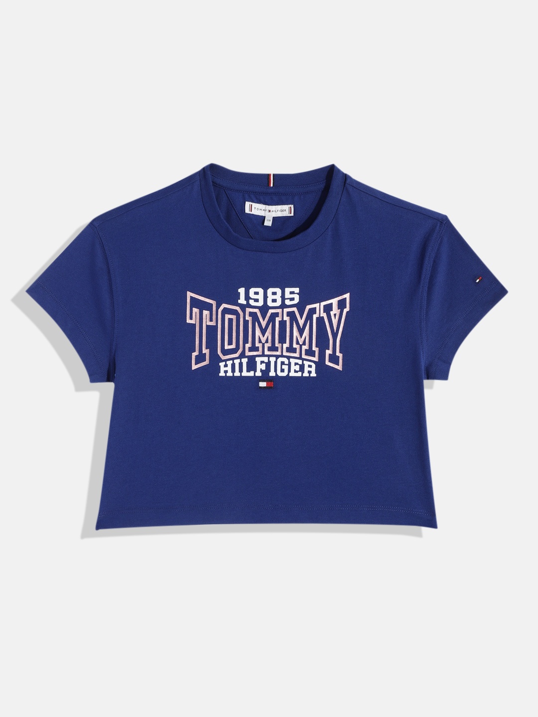 

Tommy Hilfiger Girls Brand Logo Printed Pure Cotton Cropped T-shirt, Navy blue