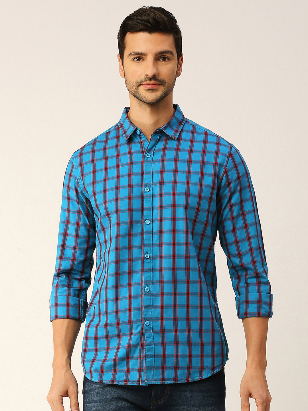 

Harvard Teal Blue & Red Classic Slim Fit Checked Pure Cotton Casual Shirt