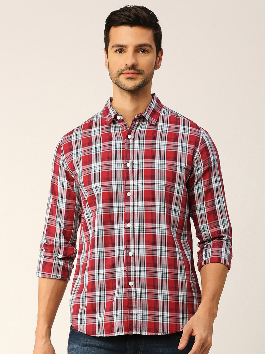 

Harvard Red & White Classic Slim Fit Tartan Checked Pure Cotton Casual Shirt