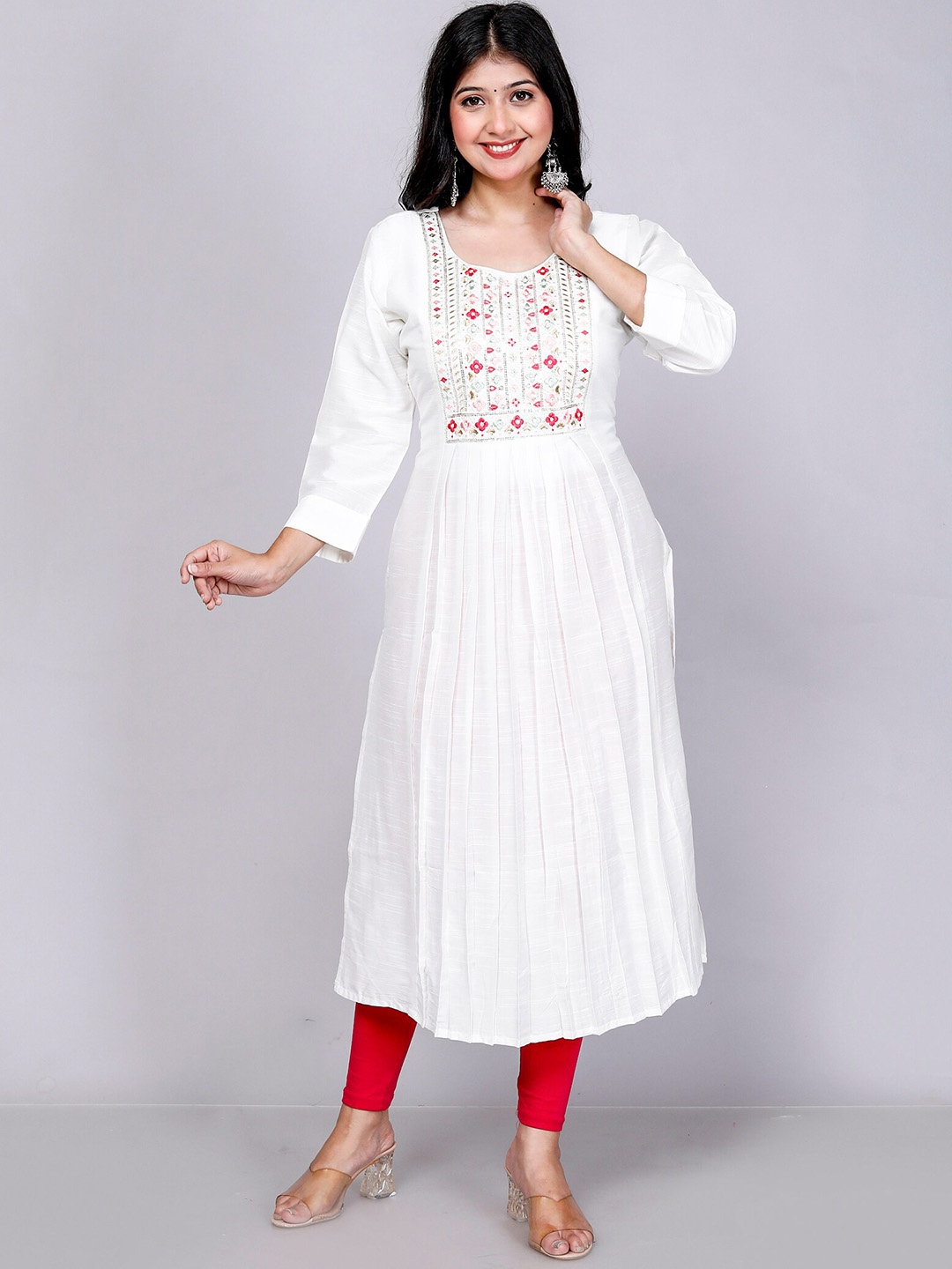 Jevi Prints Floral Yoke Design Raw Silk Thread Work A-Line Kurta, White