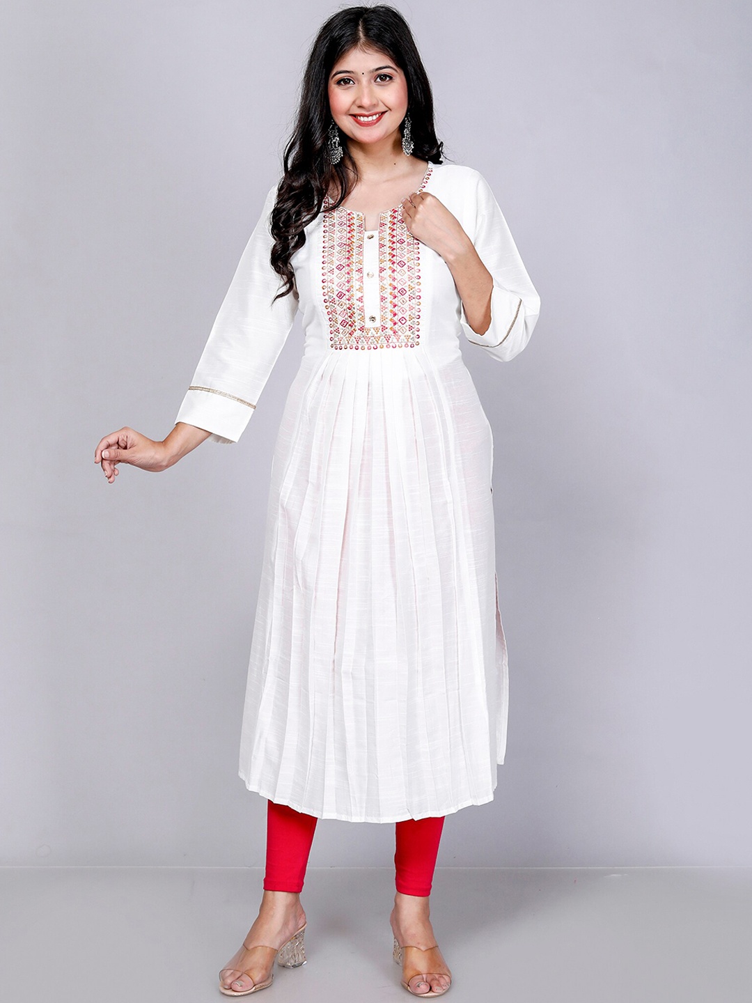 

Jevi Prints Floral Yoke Design Raw Silk Thread Work A-Line Kurta, White