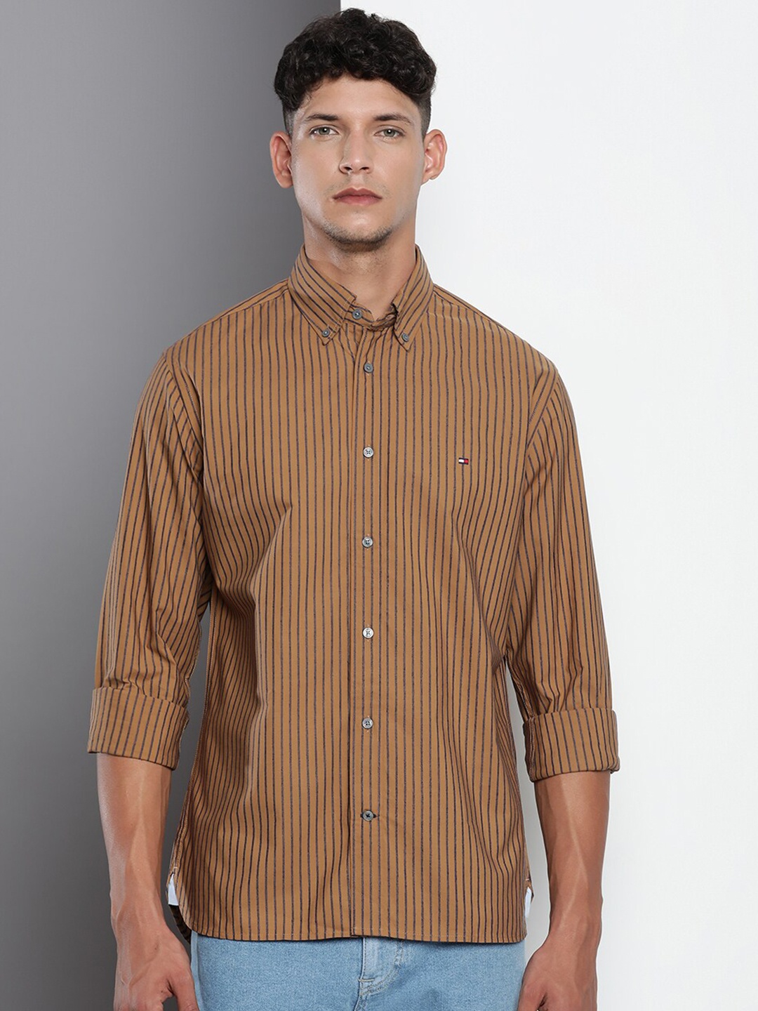 

Tommy Hilfiger Vertical Striped Button Down Collar Pure Cotton Casual Shirt, Brown
