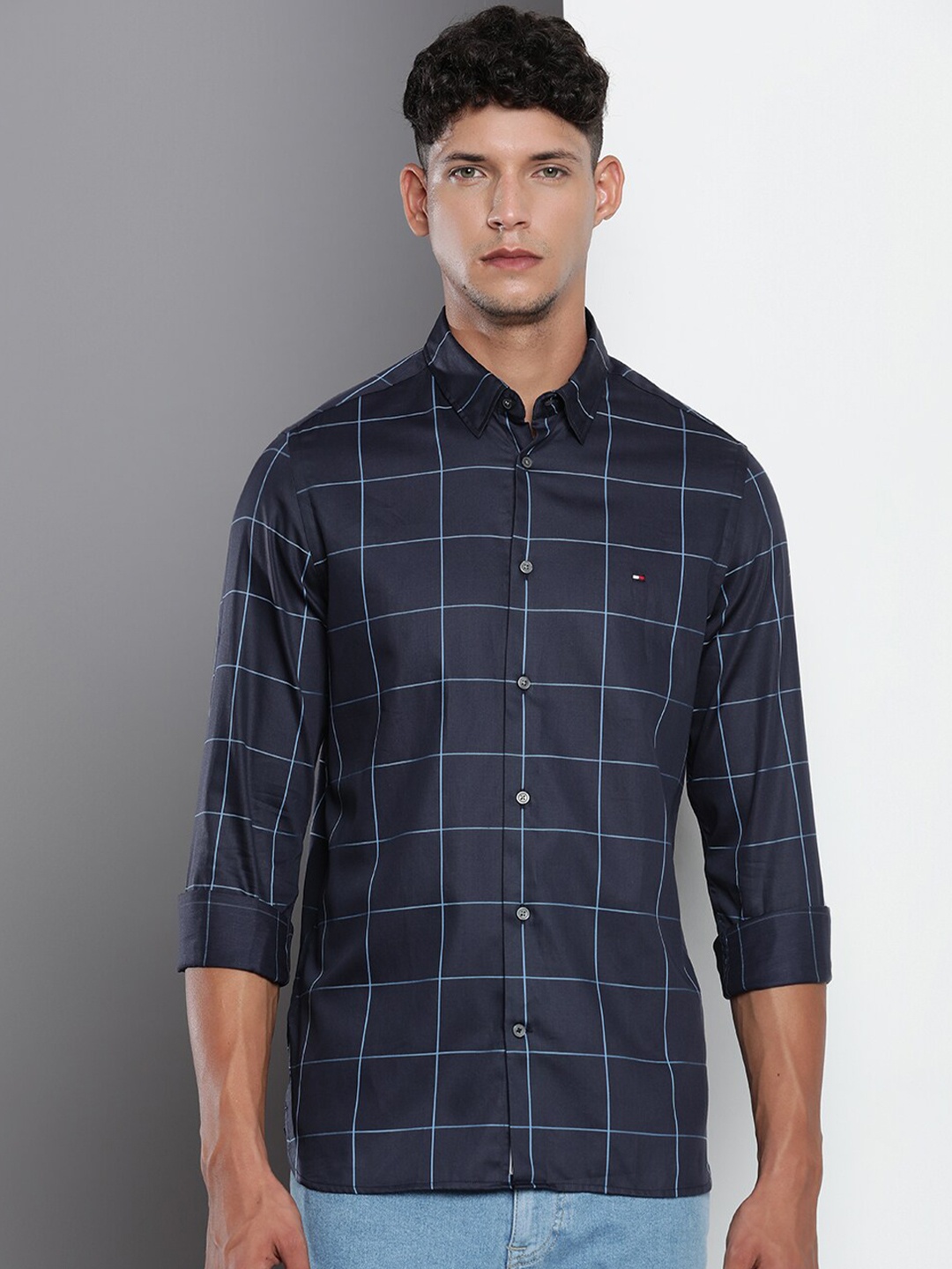 

Tommy Hilfiger Windowpane Checked Regular Fit Casual Shirt, Blue