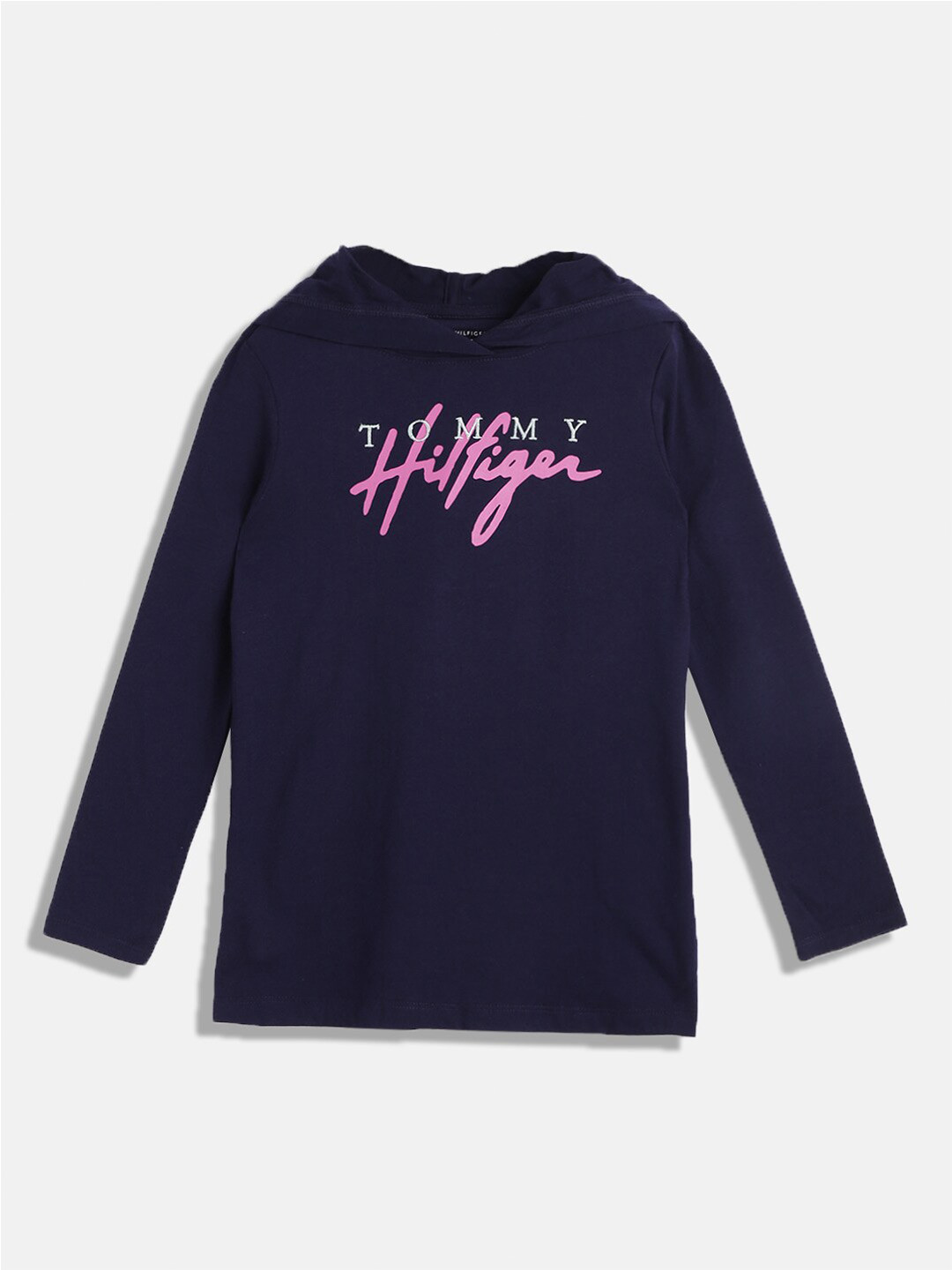 

Tommy Hilfiger Girls Brand Logo Printed Hood Regular Fit Cotton Casual T-Shirt, Blue