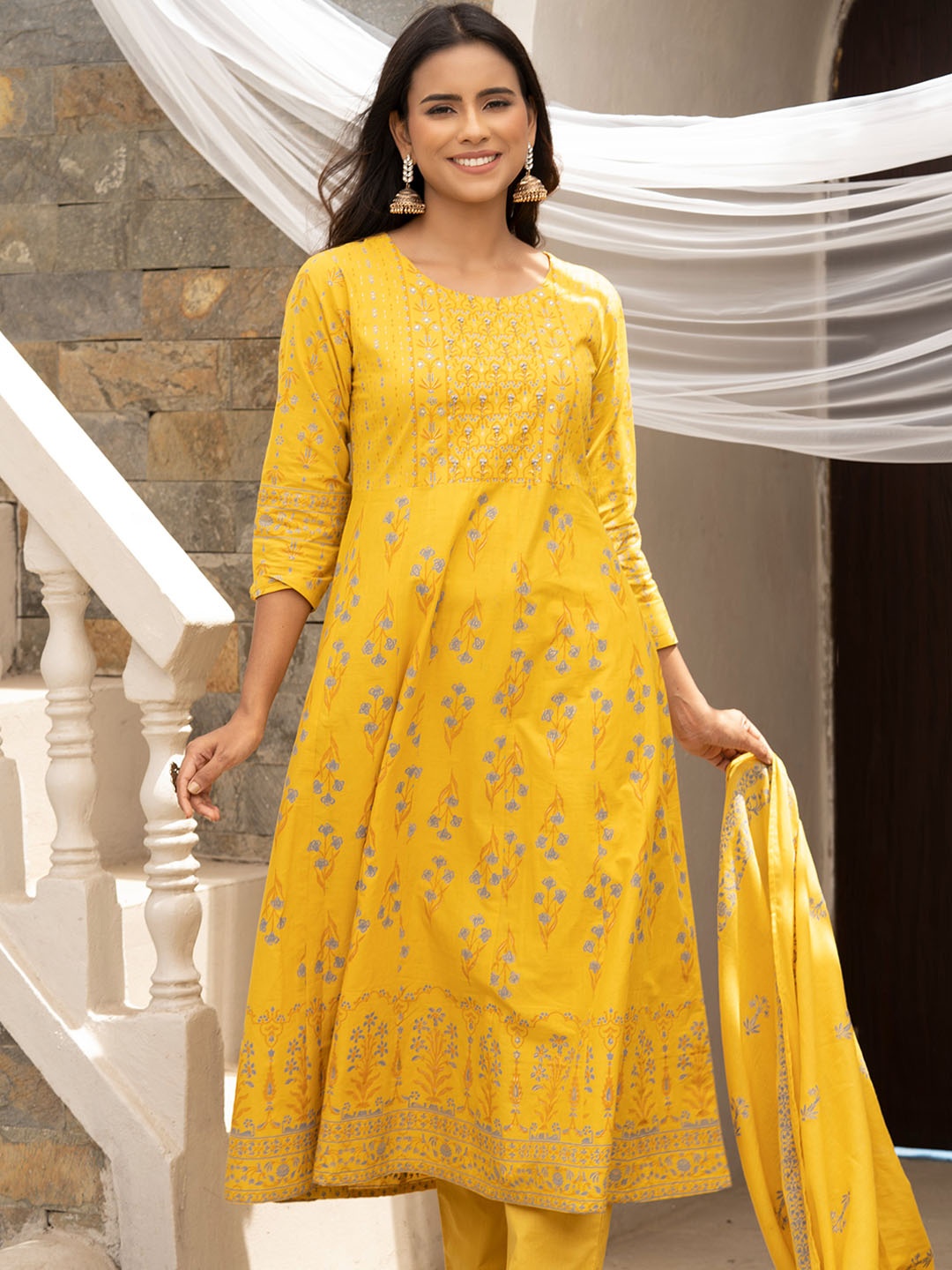 

Sangria Floral Printed Cotton A-line Cotton Kurta With Trouser & Dupatta Set, Mustard