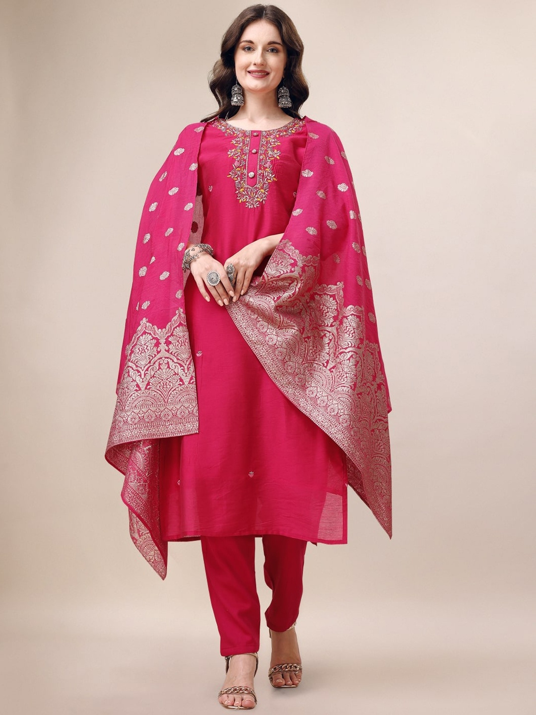 

Berrylicious Floral Embroidered Chanderi Cotton Straight Kurta & Trousers with Dupatta, Pink