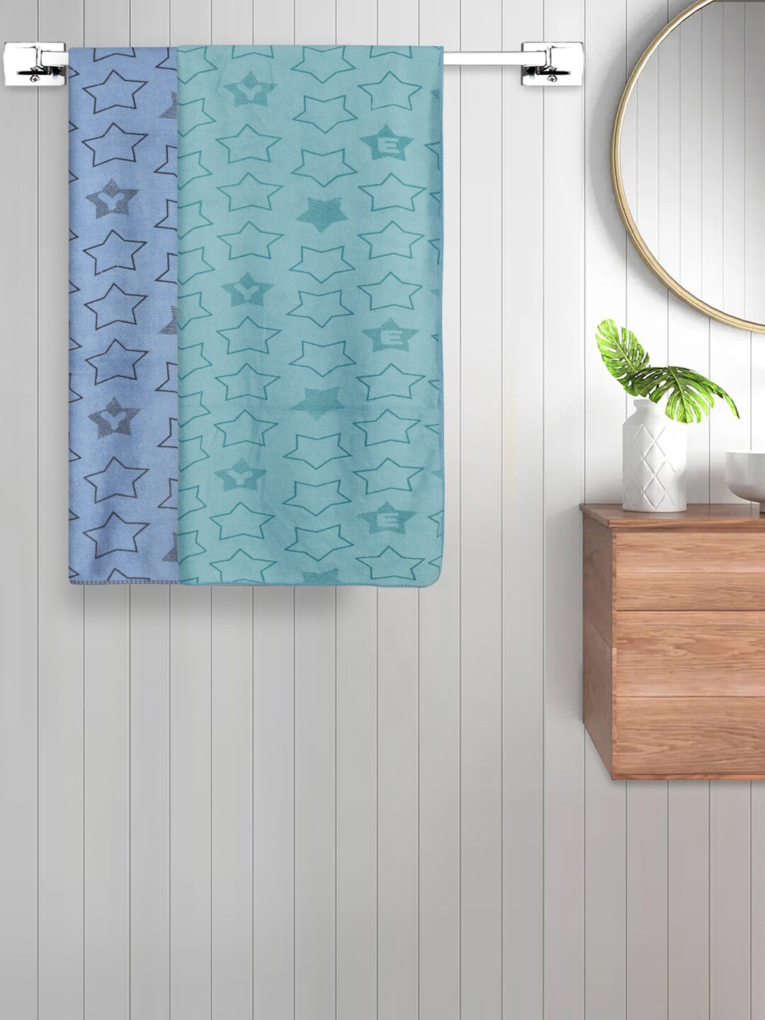 

FABINALIV 2-Pcs Blue & Green Geometric Printed 350 GSM Cotton Bath Towels