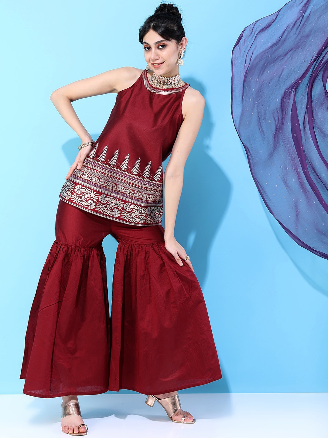 

Vishudh Red Ethnic Motifs Printed A-Line Kurti with Sharara & Dupatta