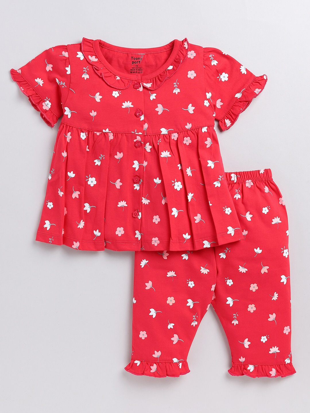 

Toonyport Girls Floral Printed Pure Cotton Top With Pyjamas, Red