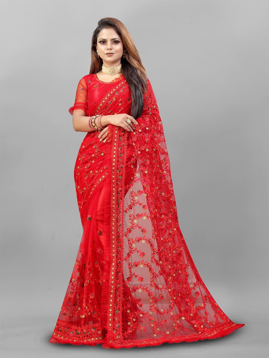 

APNISHA Floral Embroidered Net Saree, Red