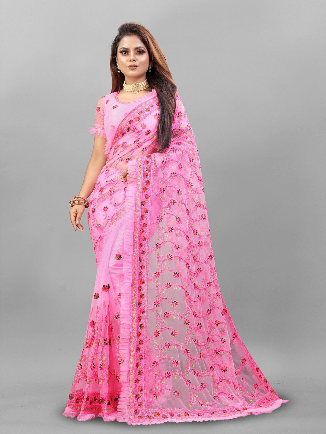 

APNISHA Floral Embroidered Net Saree, Pink