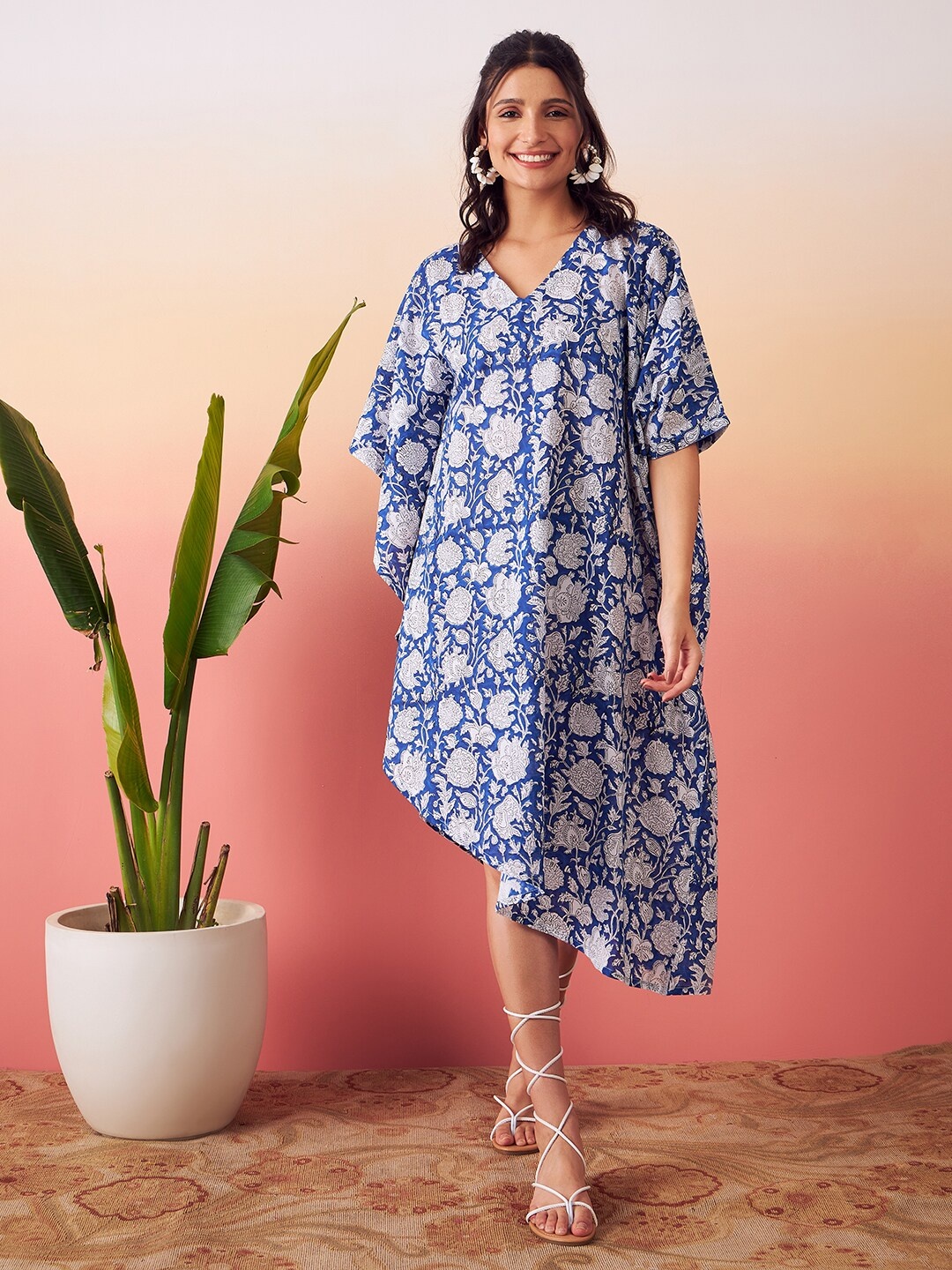 

stories of dori Floral Printed High Low Kaftan Midi Cotton Dress, Blue