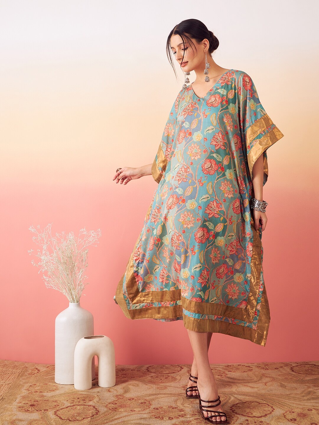 

stories of dori Floral Printed High Low Kaftan Midi Cotton Dress, Blue
