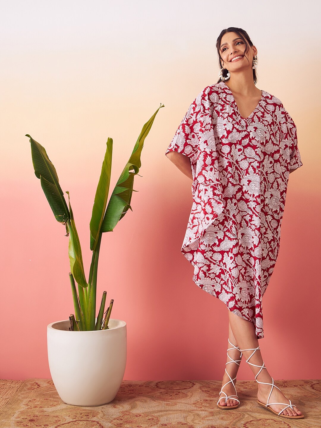 

stories of dori Floral Printed High Low Kaftan Midi Cotton Dress, Red
