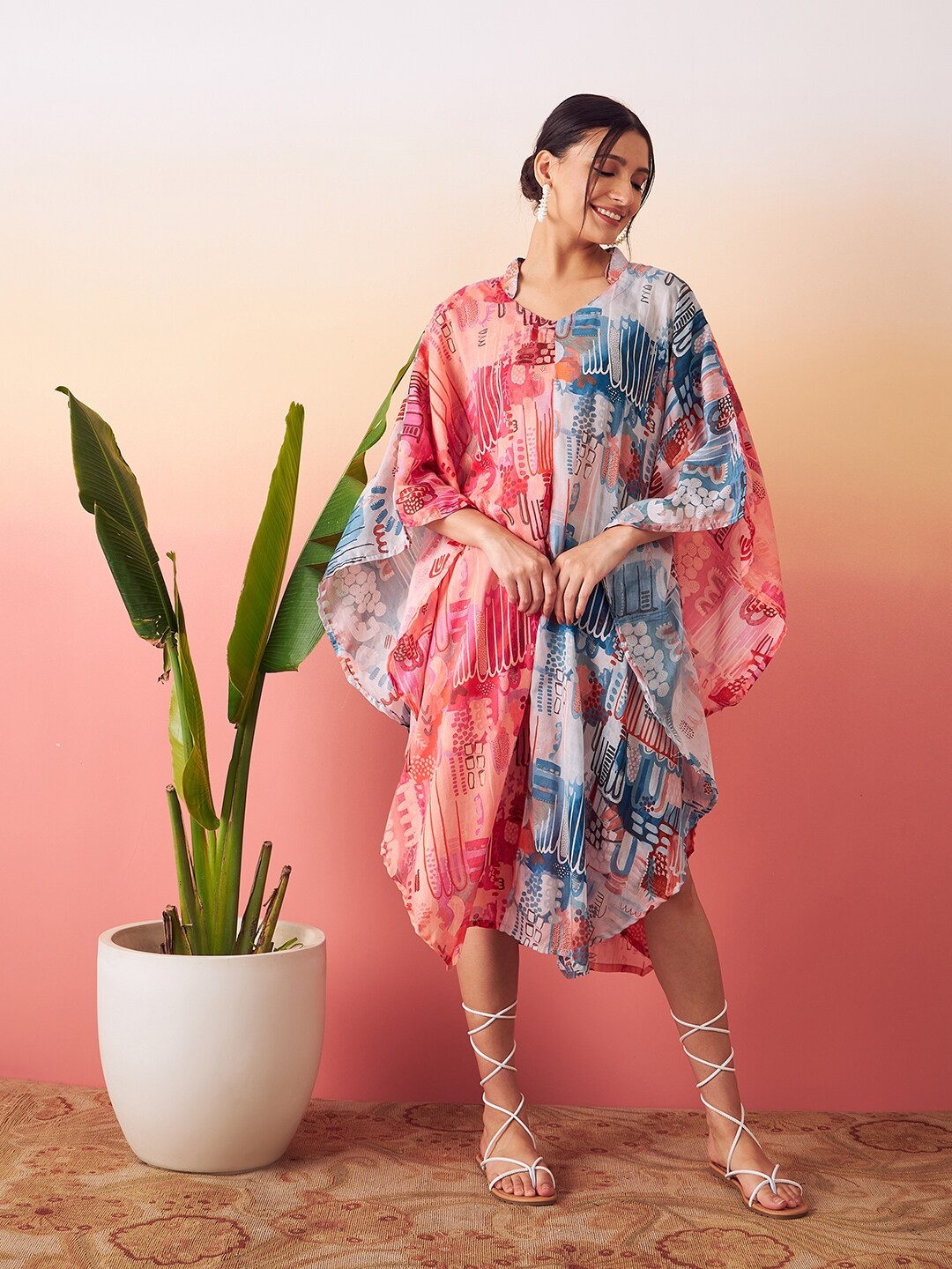 

stories of dori Abstract Printed High Low Kaftan Midi Cotton Dress, Pink