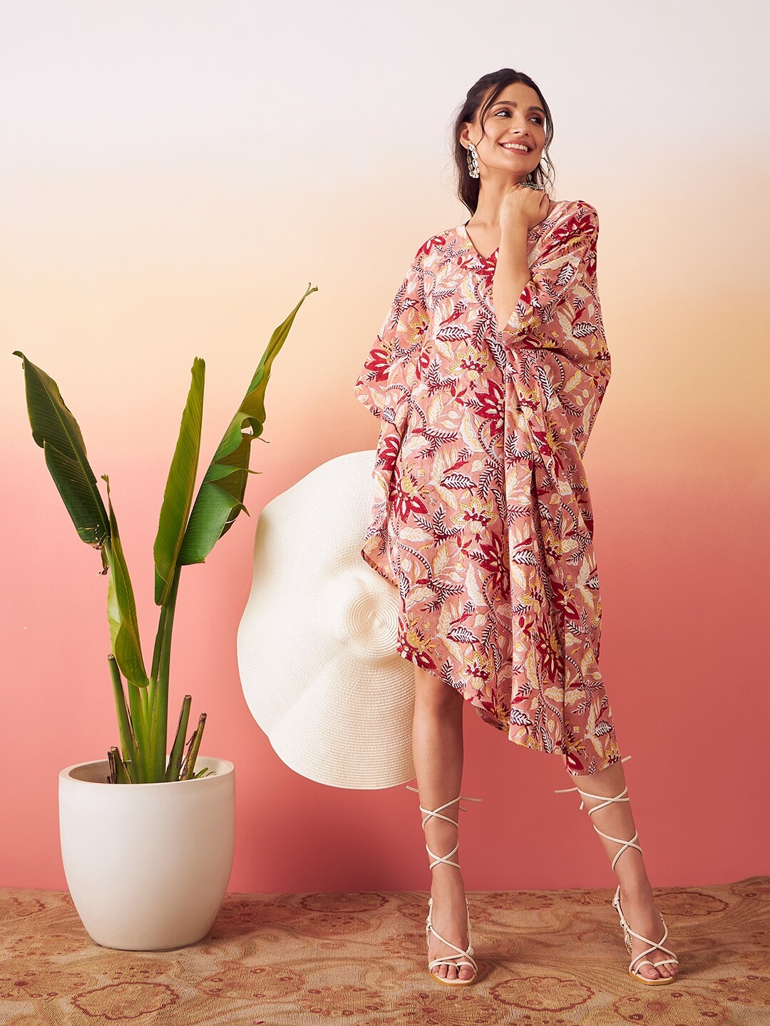 

stories of dori Floral Printed High Low Kaftan Midi Cotton Dress, Orange