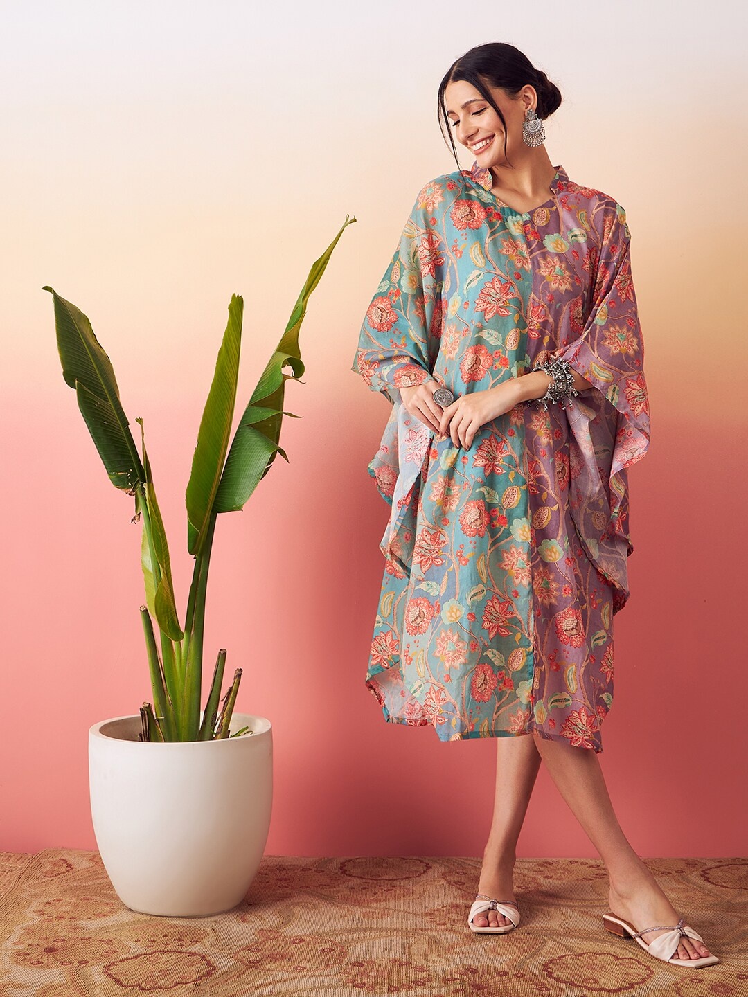 stories of dori Floral Printed High Low Kaftan Midi Cotton Dress, Green