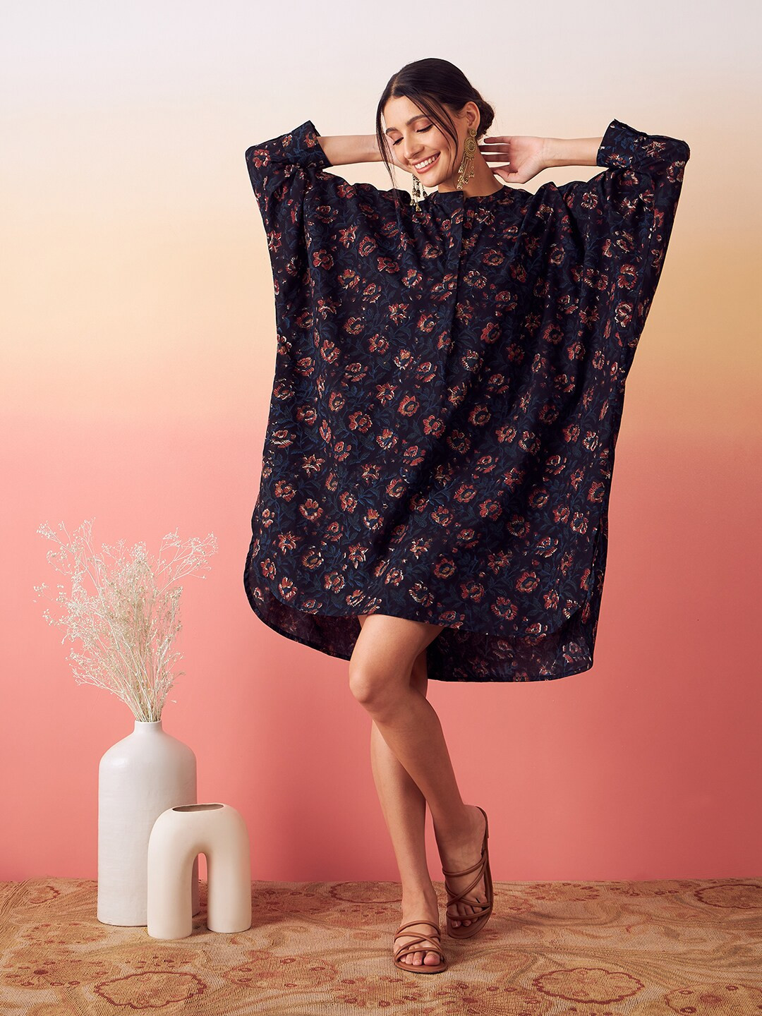 

stories of dori Floral Printed High Low Kaftan Midi Cotton Dress, Black