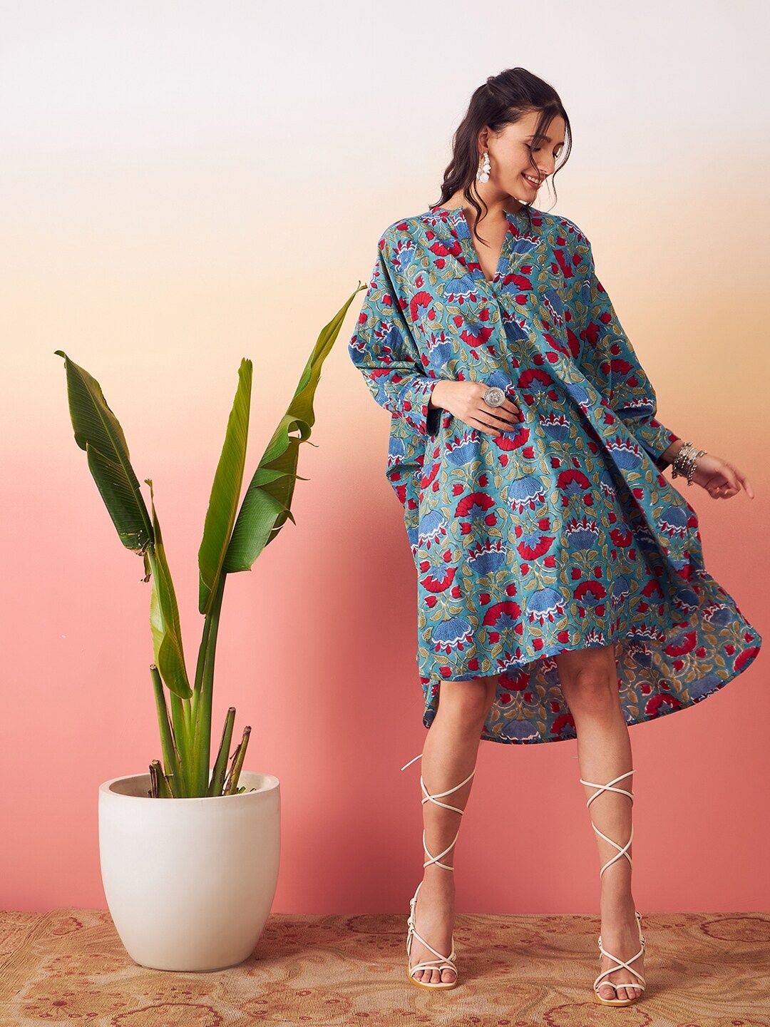 

stories of dori Floral Printed High Low Kaftan Midi Cotton Dress, Green