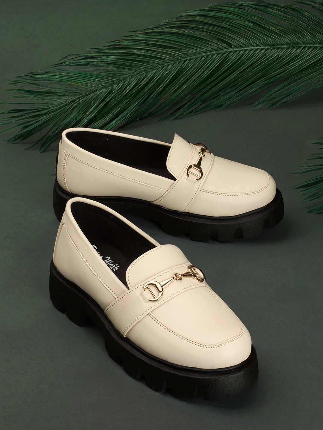 

Retro Walk Women Buckled Heeled Memory Foam Lightweight Loafers, Cream