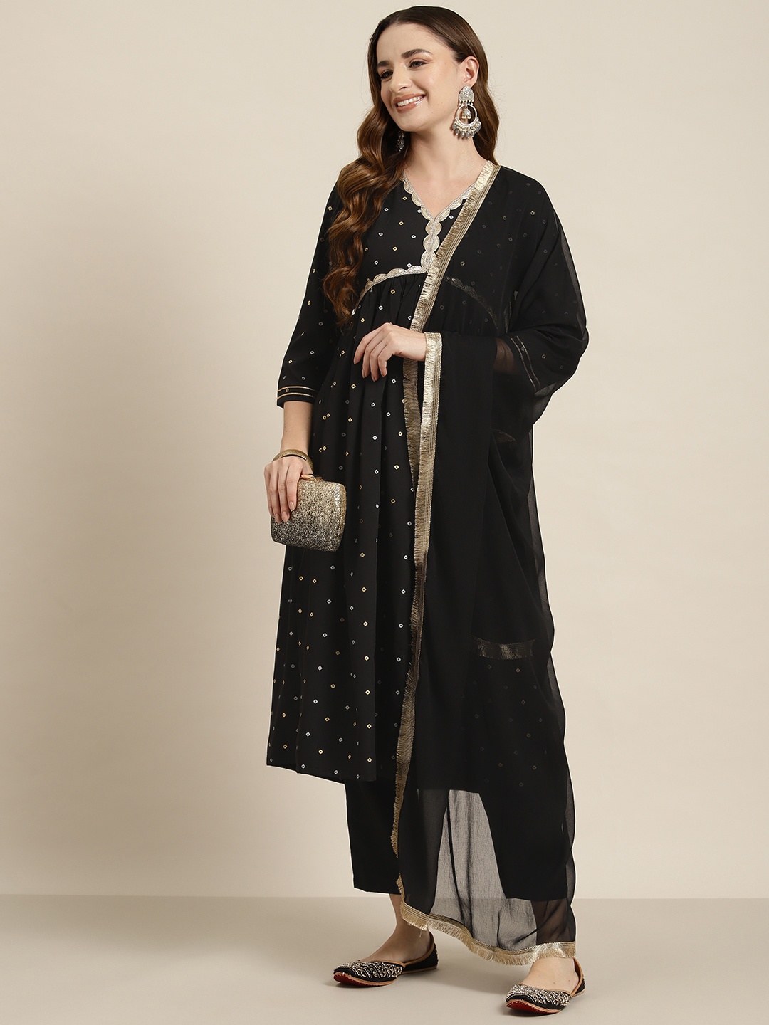 

HERE&NOW Bandhani Printed Empire Style Kurta with Trousers & Dupatta, Black