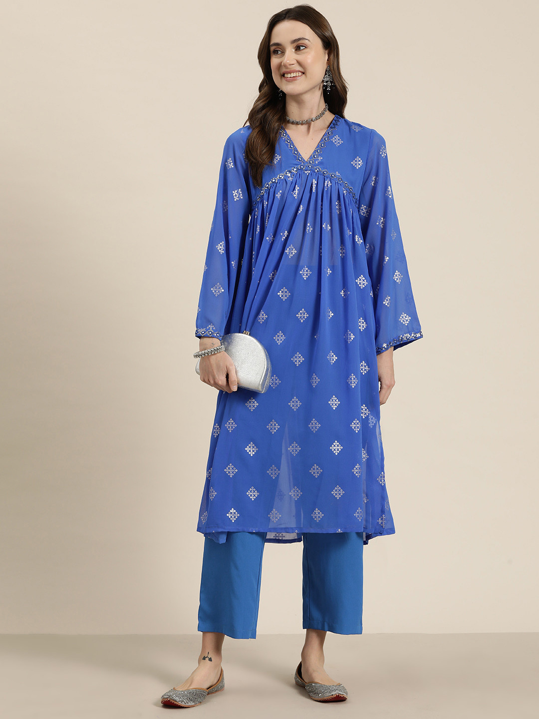 

HERE&NOW Printed Empire Mirror Work Kurta with Trousers, Blue
