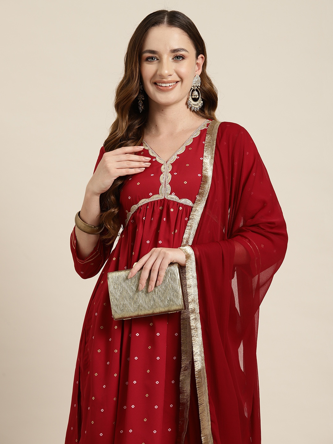 

HERE&NOW Bandhani Printed Empire Style Kurta with Trousers & Dupatta, Maroon