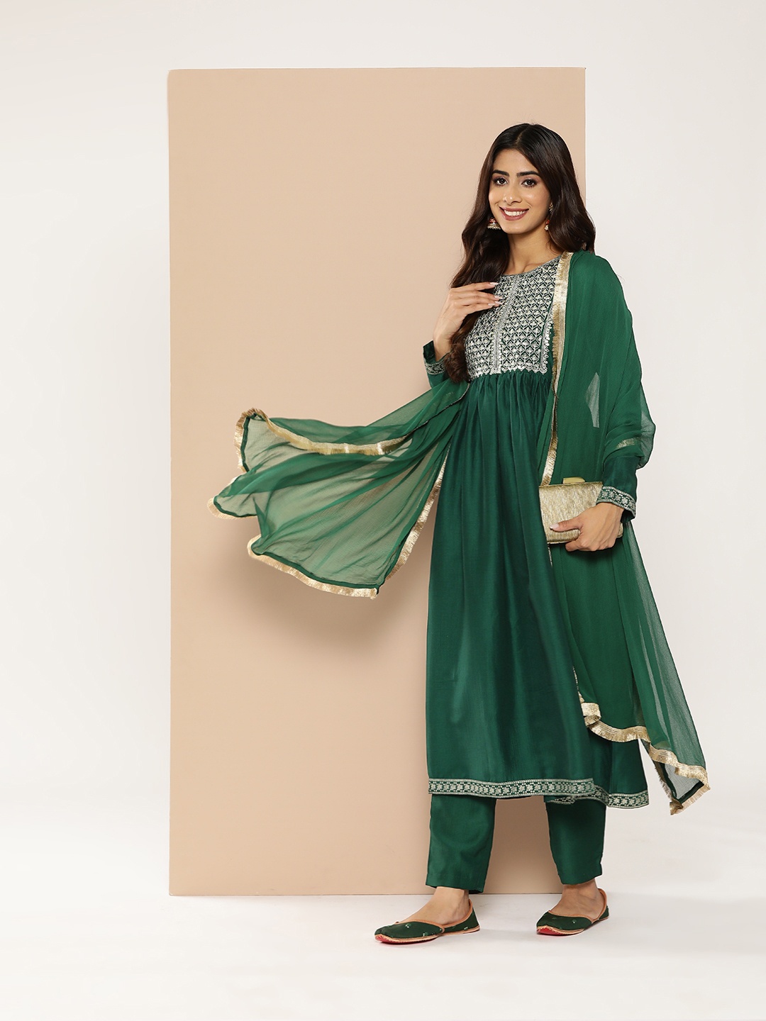 

HERE&NOW Women Sequinned Yoke Design Kurta with Trousers & With Dupatta, Green