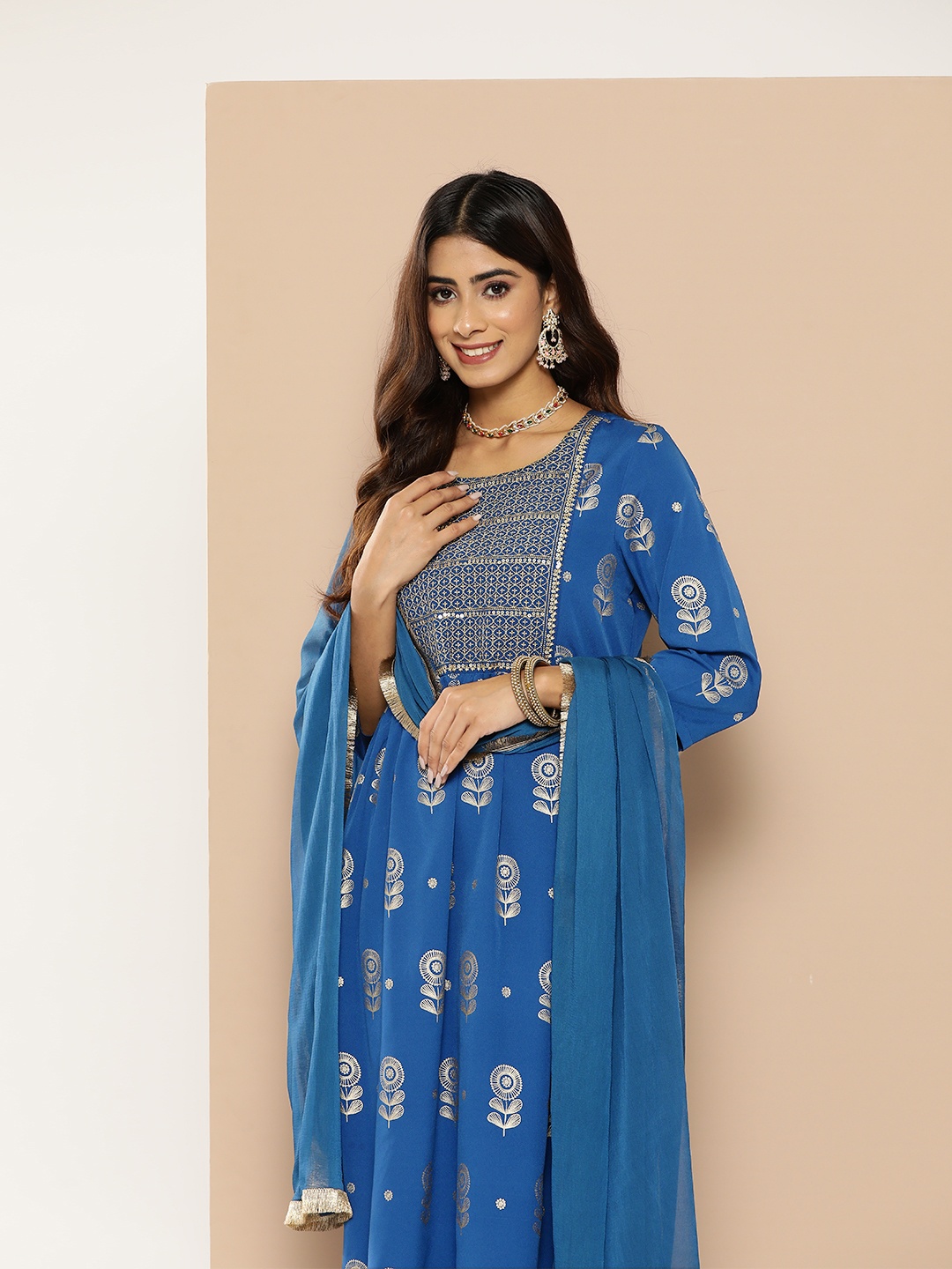 

HERE&NOW Women Ethnic Motifs Printed Sequinned Kurta with Trousers & Dupatta, Blue