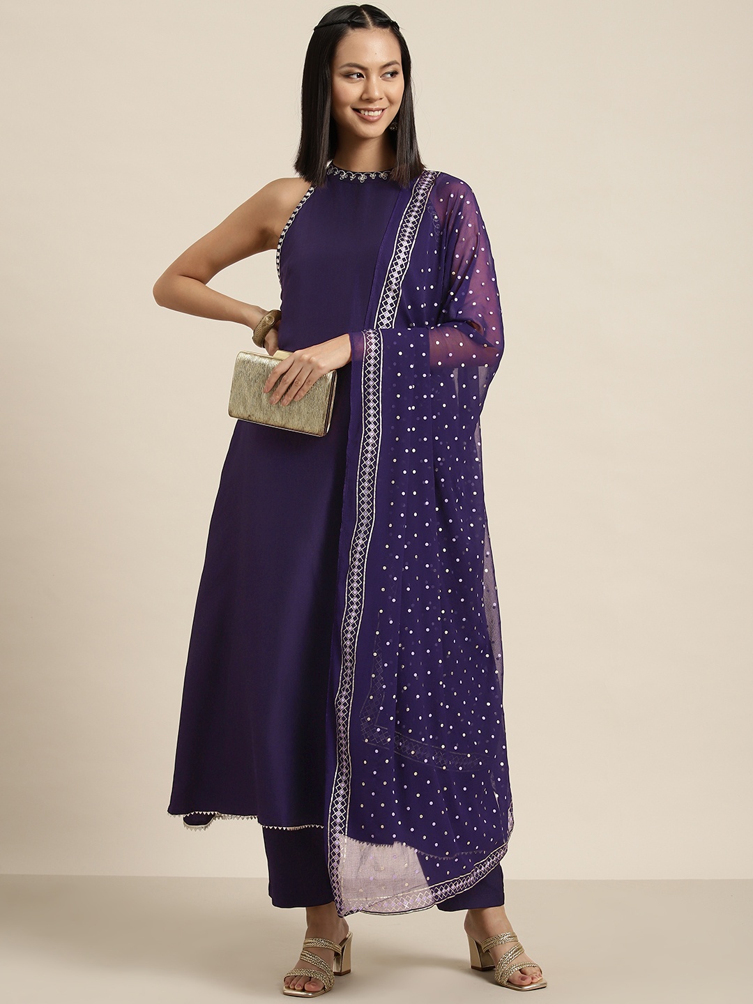 

HERE&NOW Sequin & Zari Detailed A-Line Kurta with Trousers & Dupatta, Purple