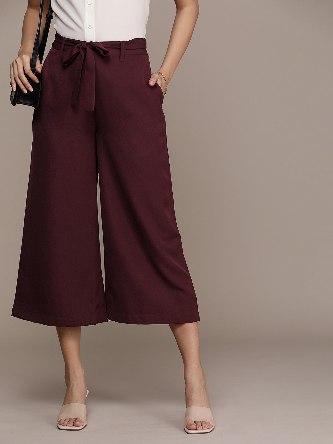 

French Connection Women Culottes Trousers Comes With A Belt, Maroon