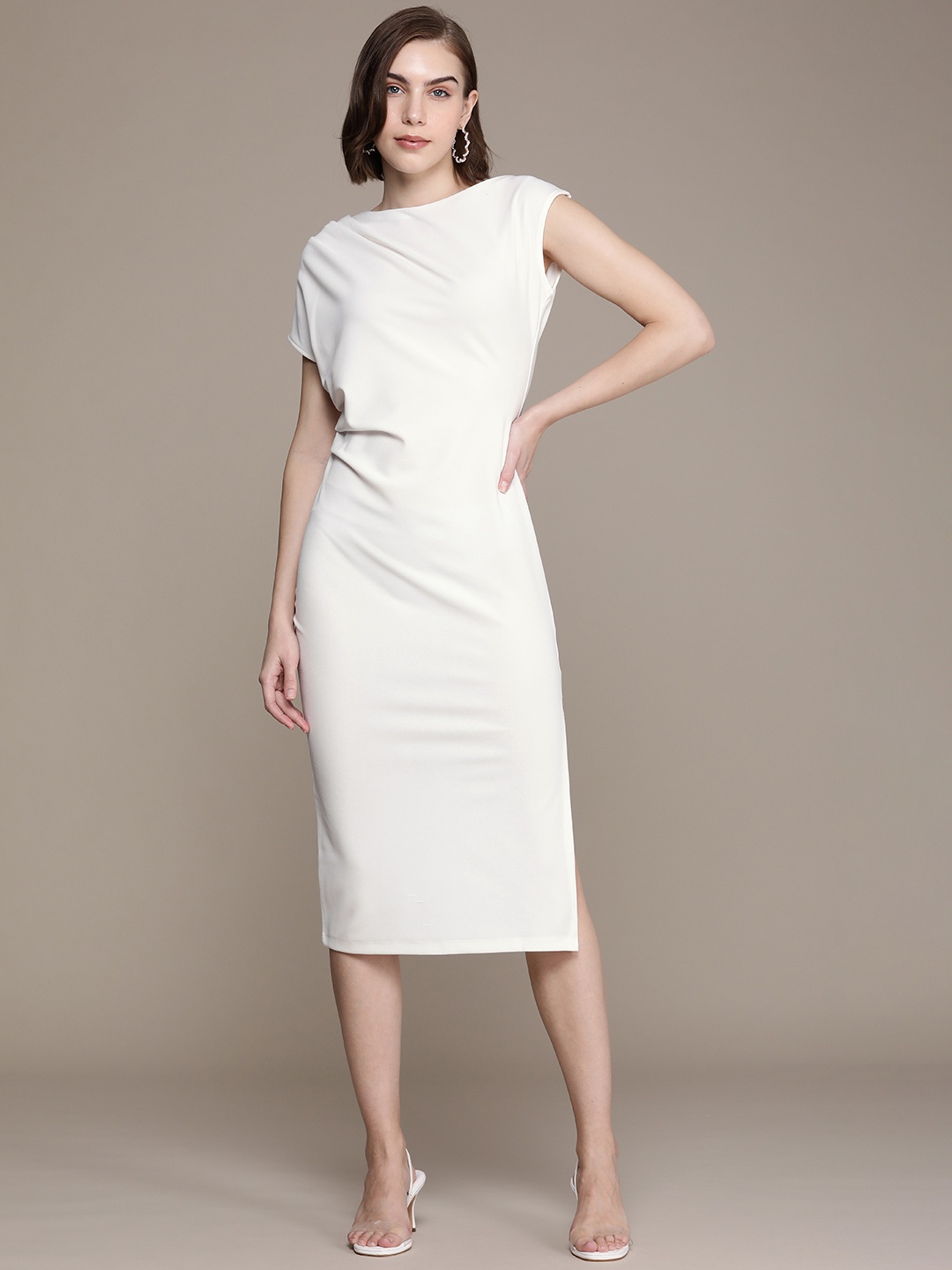 

French Connection Extended Sleeves Boat Neck Sheath Midi Dress, White