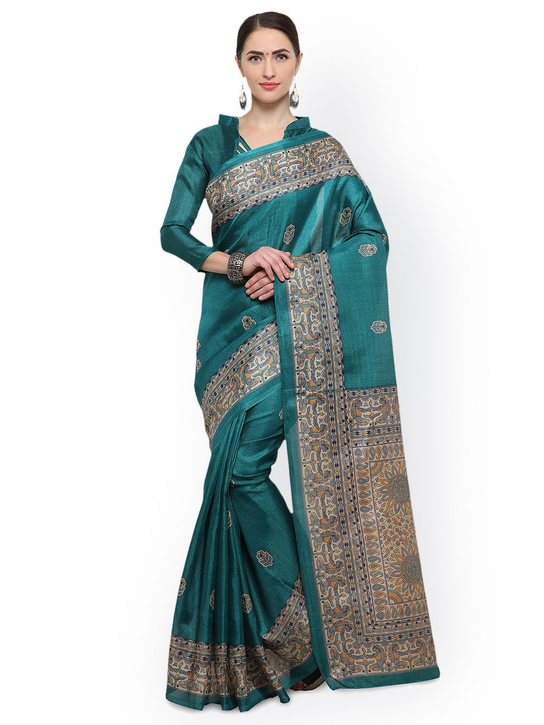 

Saree mall Teal Green Art Silk Printed Bhagalpuri Saree