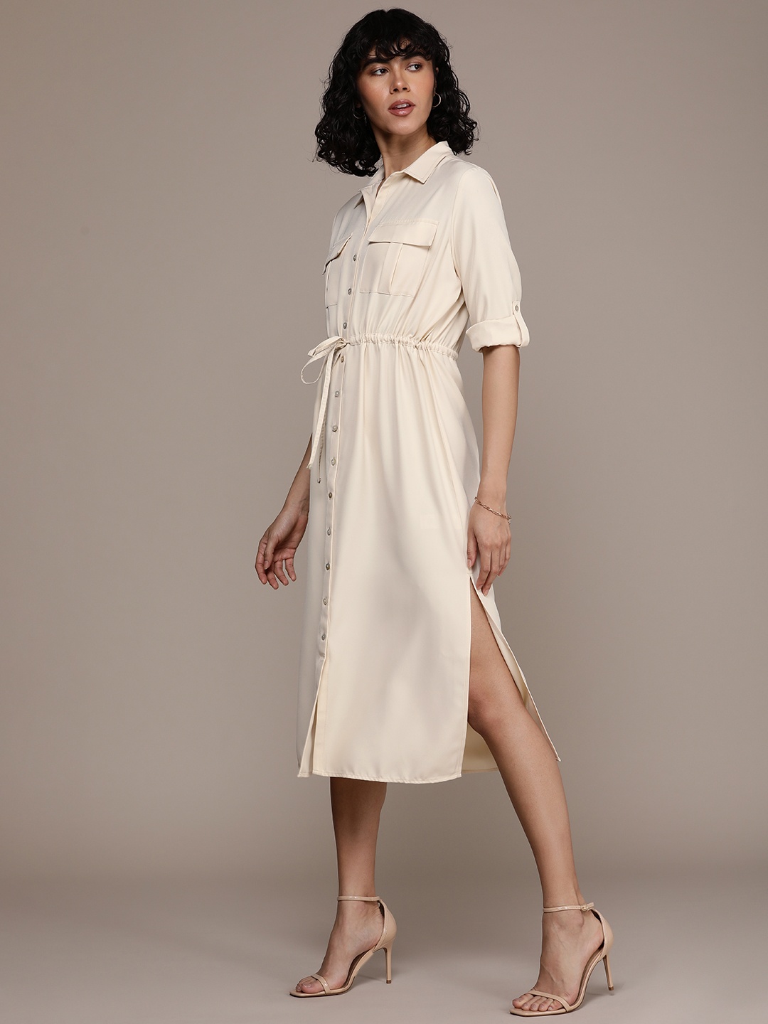 

French Connection Shirt Collar Solid Shirt Midi Dress, Cream