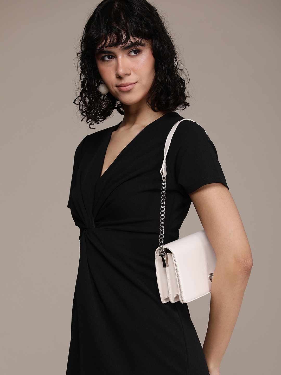 

French Connection Solid Short Sleeves V-Neck Sheath Midi Dress, Black