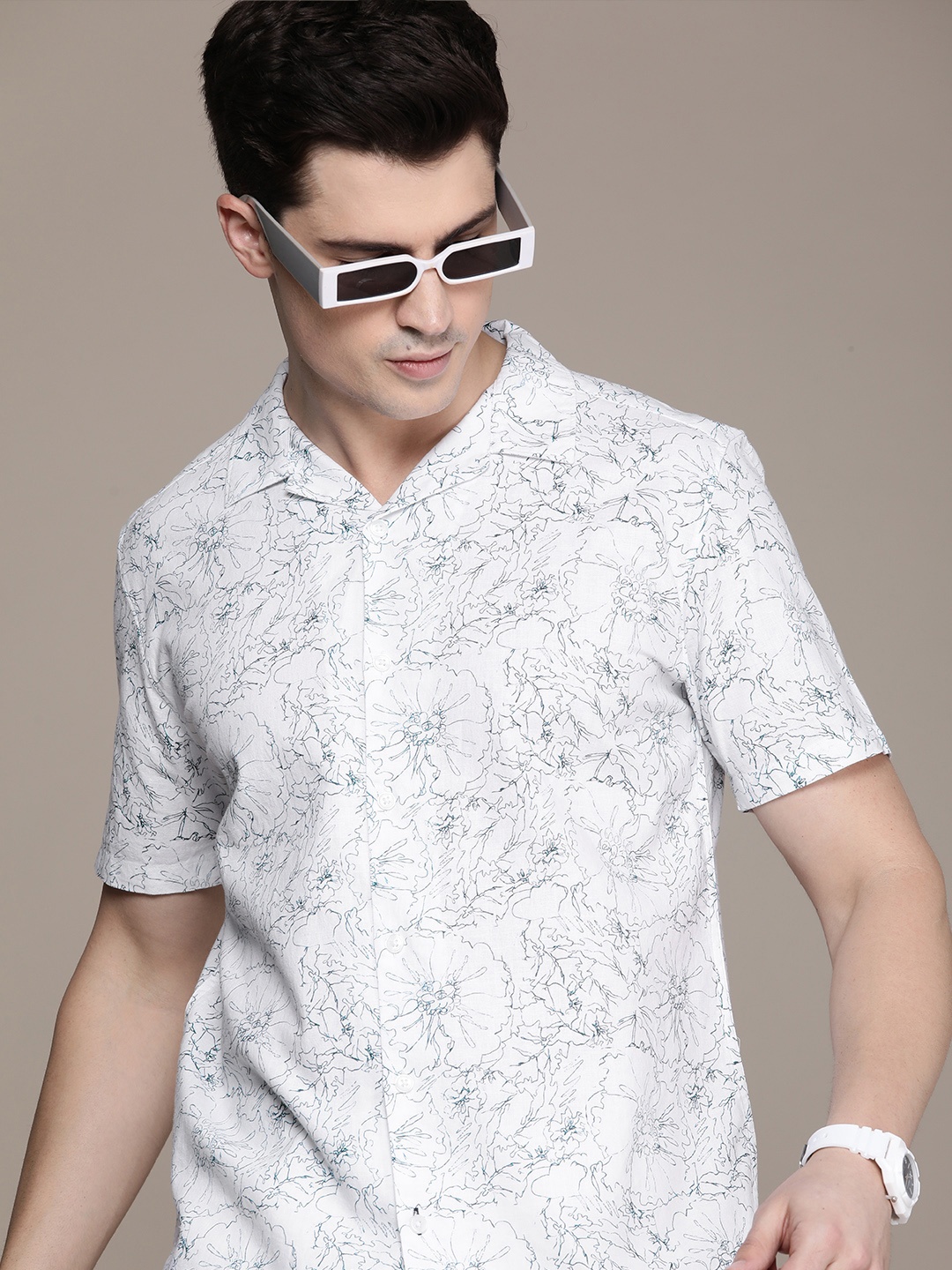 

FCUK Cotton Linen Floral Printed Casual Shirt, White