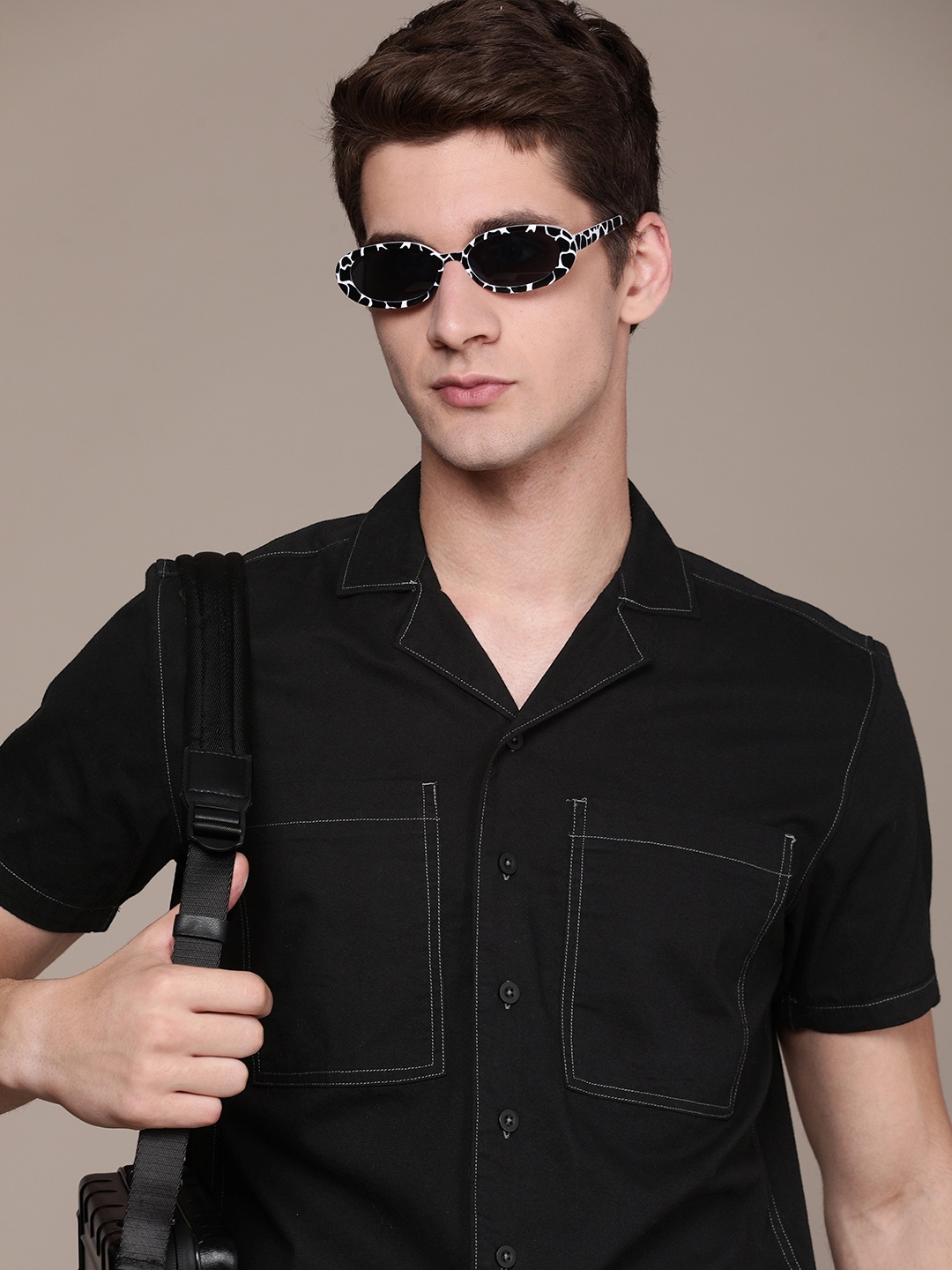 

FCUK Cuban Collar Opaque Pure Cotton Casual Shirt, Black