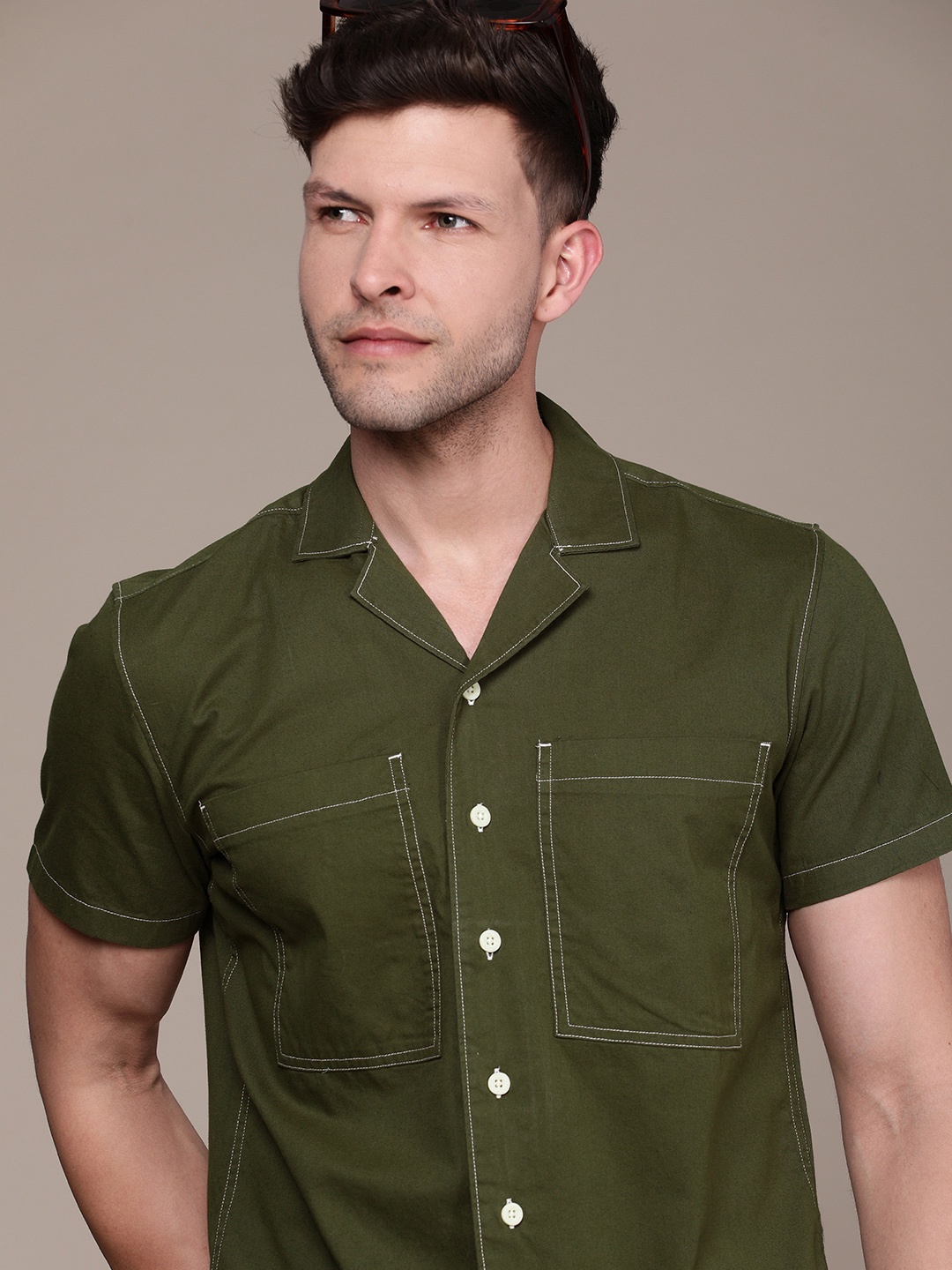 

FCUK Cuban Collar Opaque Pure Cotton Casual Shirt, Olive