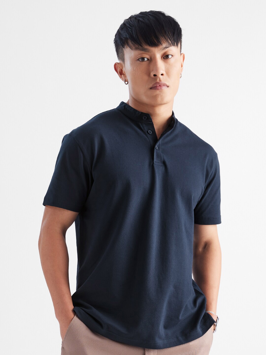 

The Souled Store Navy Blue Mandarine Collar Casual T-shirt