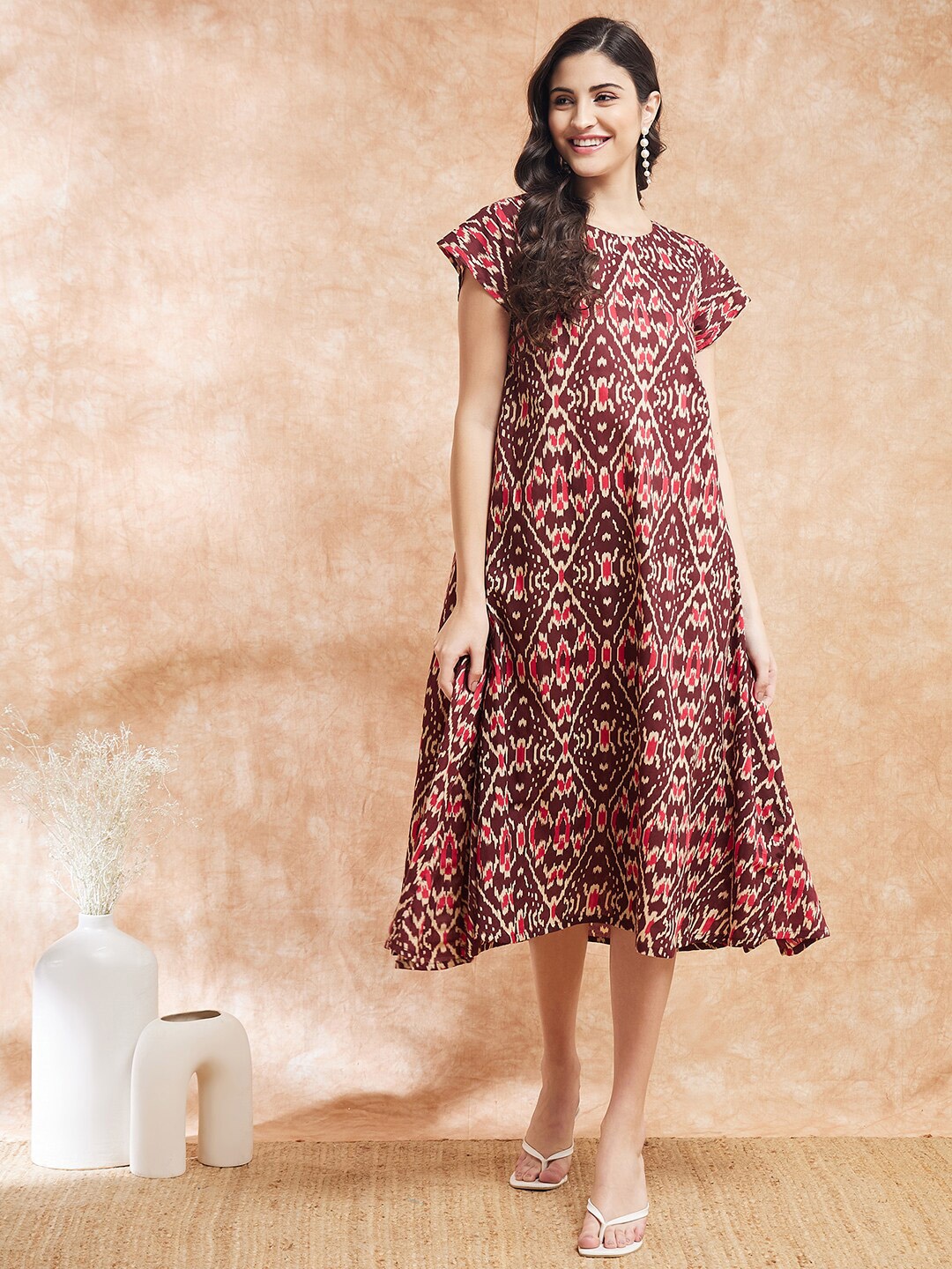 

InWeave Abstract Printed A-Line Midi Dress, Maroon