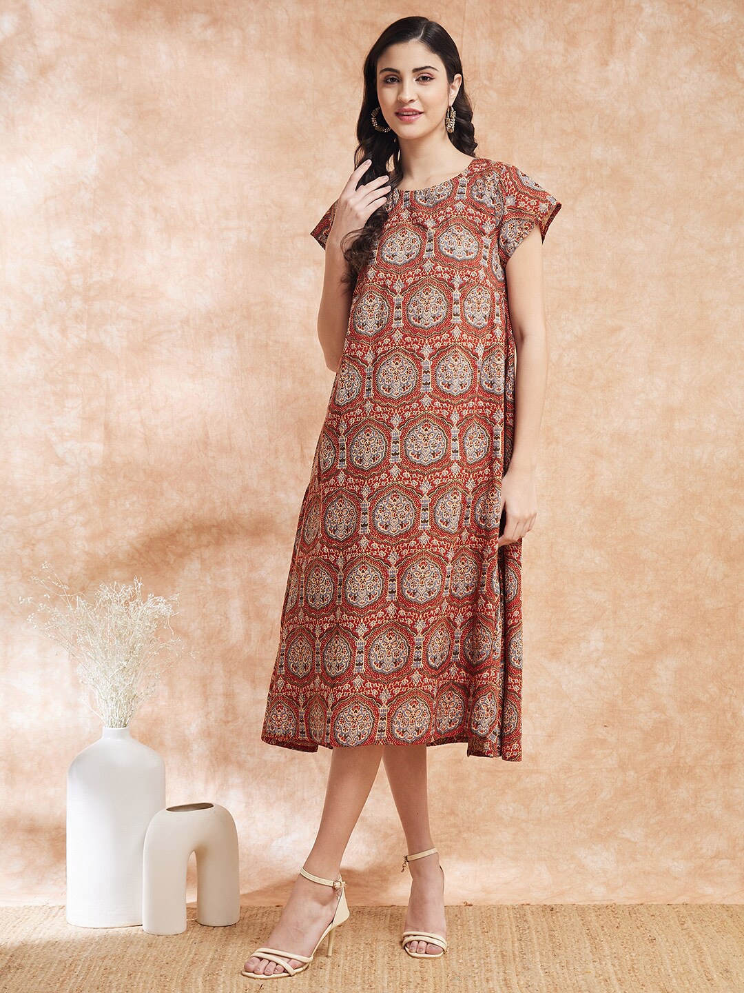 

InWeave Ethnic Motifs Printed Tiered A-Line Midi Dress, Maroon