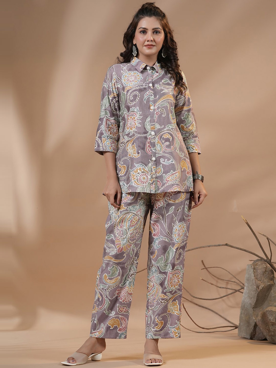 

PIROH Floral Printed Silk Blend Shirt & Trousers Co-Ords Set, Brown