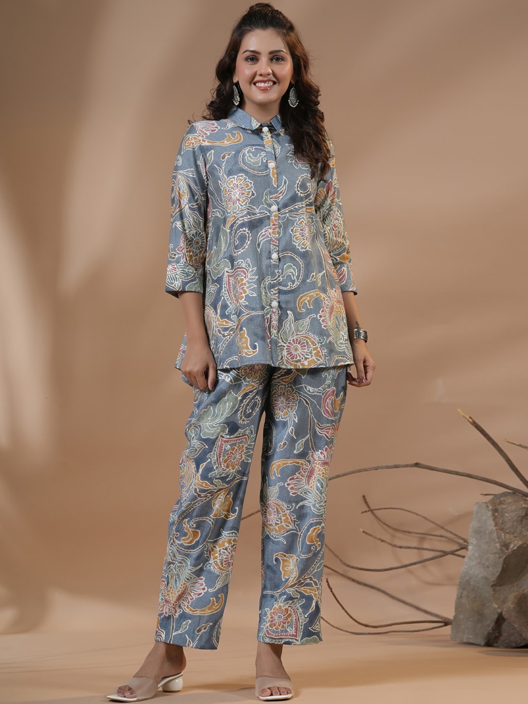 

PIROH Floral Printed Shirt & Trousers Co-Ords Set, Blue