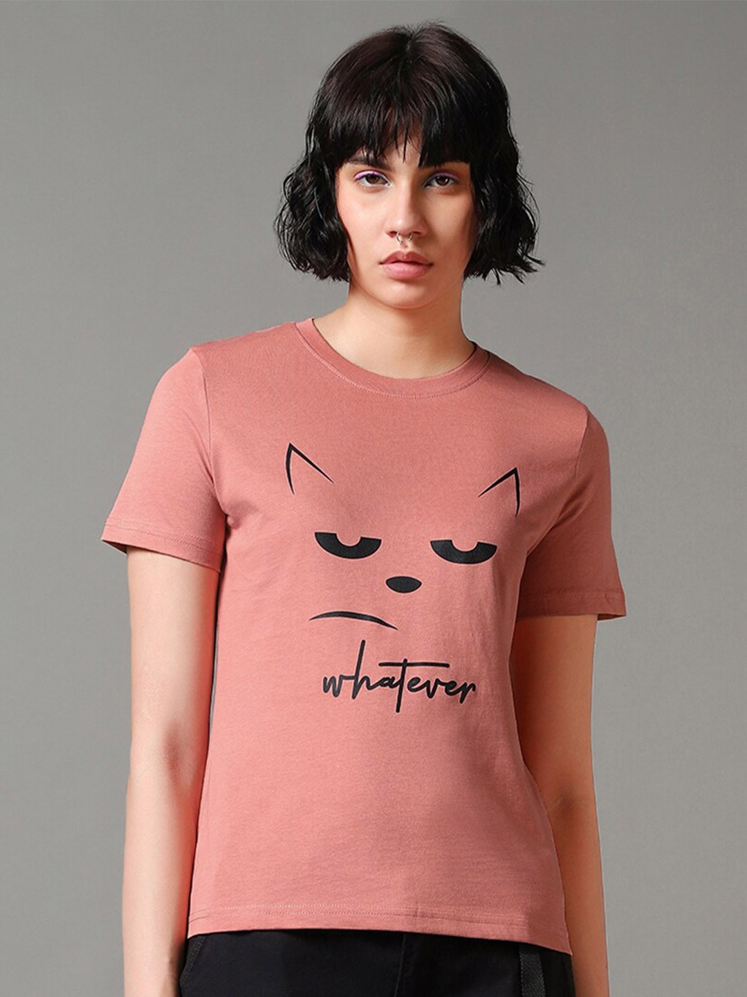 

Bewakoof Pink Graphic Printed Round Neck Pure Cotton T-shirt